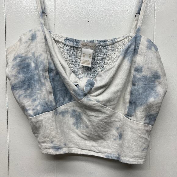 ReVamped Linen Blend Tie Dye Blue & White Cropped Top Size Medium Smocked - Picture 2 of 9
